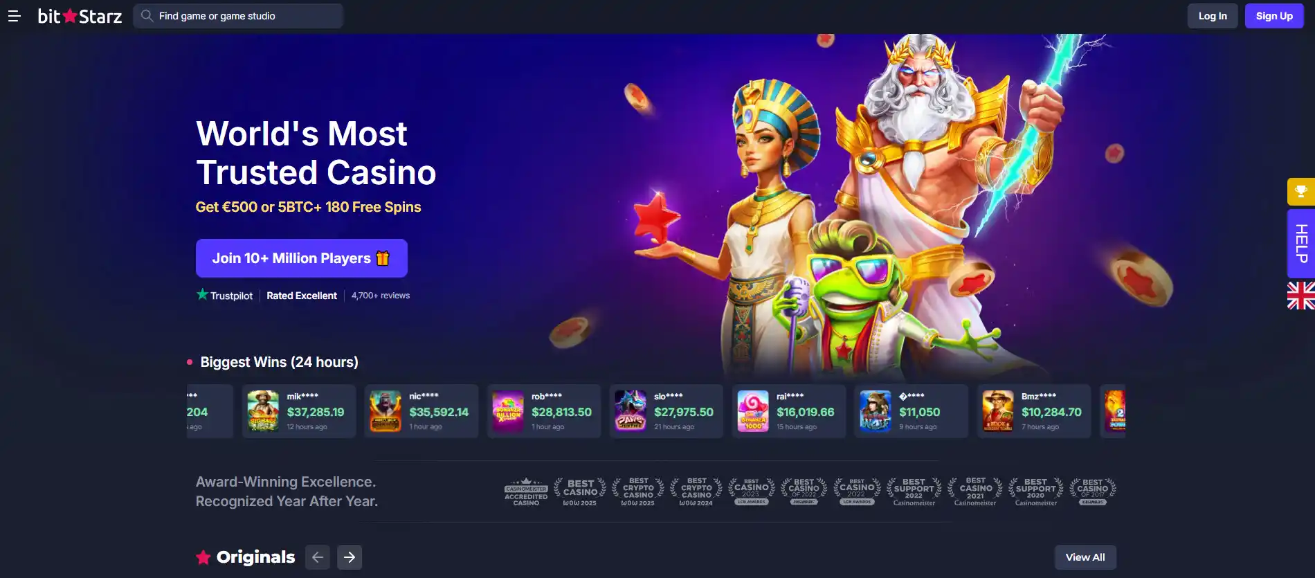 BitStarz homepage with brand identity and casino navigation