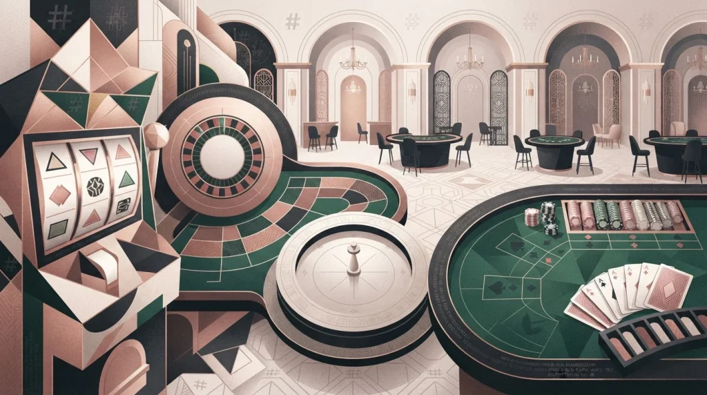 Casino game mosaic with slot reels, table layouts and cryptographic verification symbols