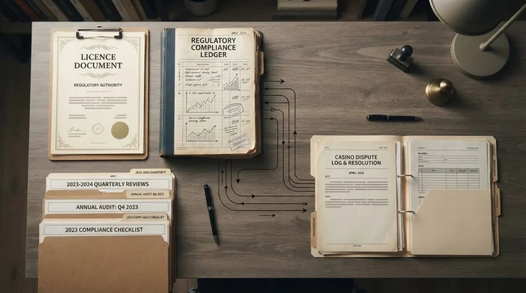 Generic licence document beside a regulatory ledger and dispute records