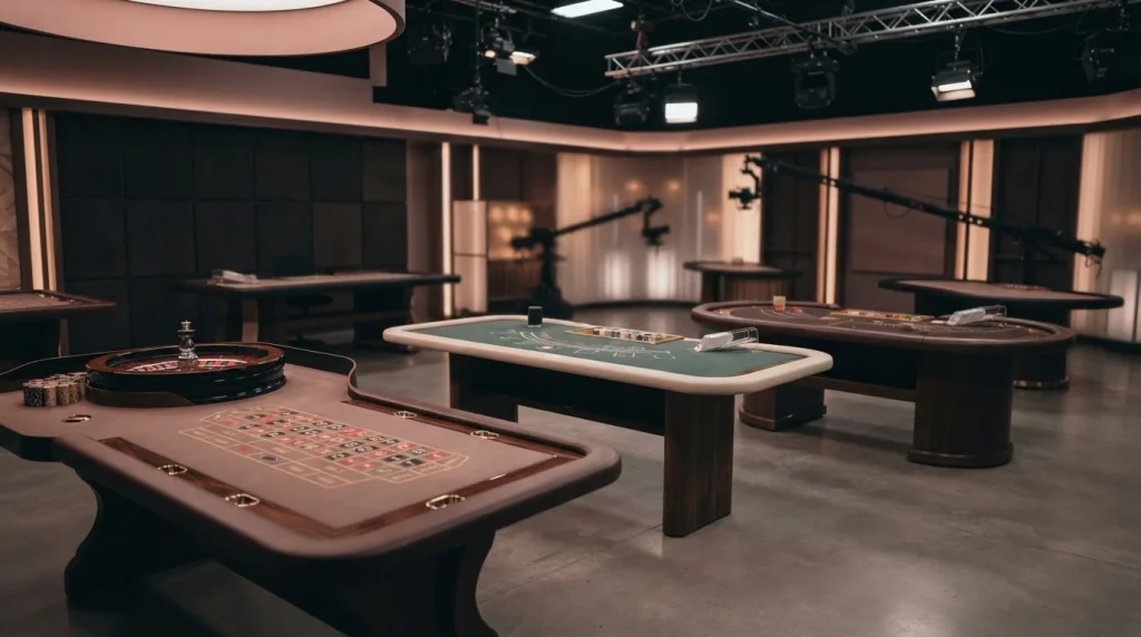 Live casino studio with roulette and card-table layouts under soft editorial lighting
